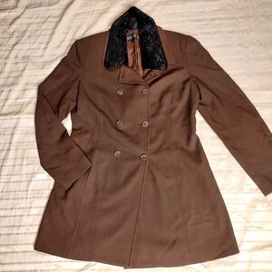 ISABEL ARDEE 100% Wool Brown Double-Breasted Coat with Black Collar